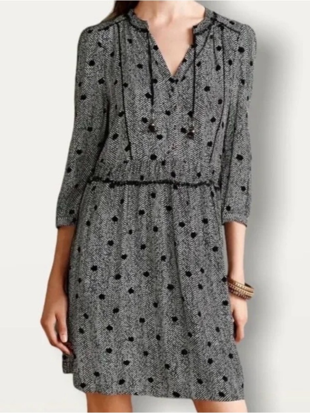 Maeve Anthropologie Black & White Patterned Mini Dress Tassel Tie Boho Size M